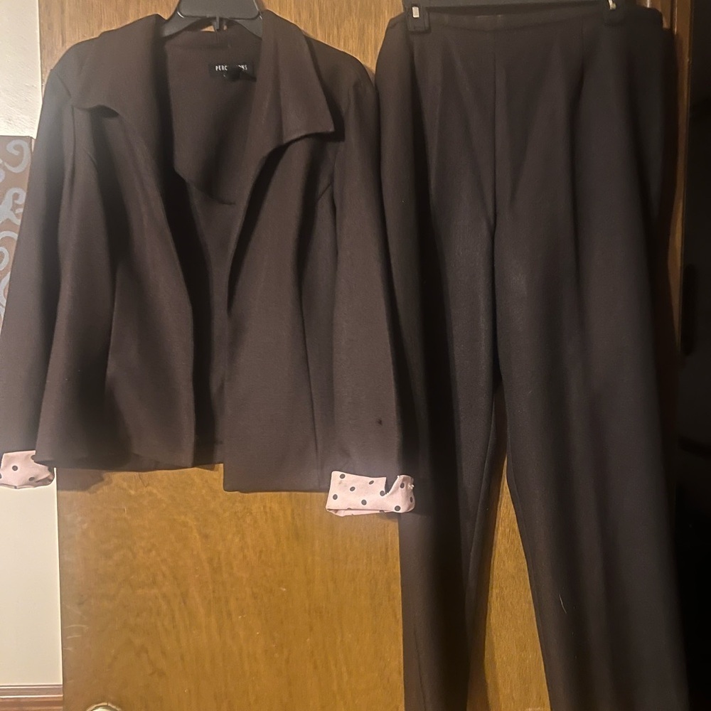 Perceptions Brown Pantsuit with Pink Accents
